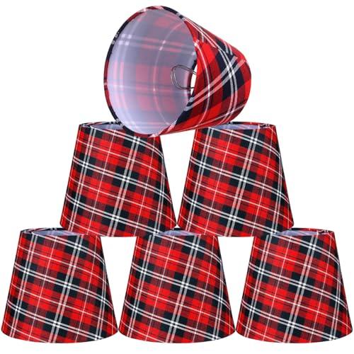 Baquler 6 Pcs Christmas Lamp Shades Set 5.91"W x 5.12"H Hardback Chandelier Shade Red Plaid Little Droplight Shades Wall Lamp Chandelier Lamp Shade Gift Holiday Decor Supply