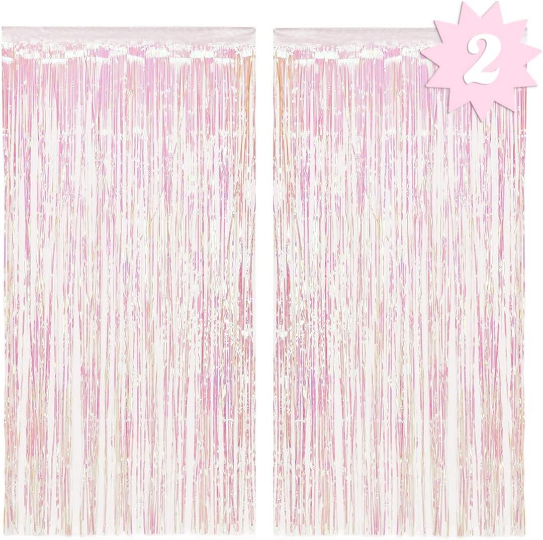 xo, Fetti Decorations Iridescent Fringe Foil Curtain - Set of 2 | Bachelorette Party Bridal Shower Backdrop, Wedding, Birthday Photo Booth