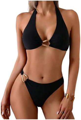 SOLY HUX Women's Halter Bikini Set V Neck Ring Linked Bathing Suit Summer Beach Two Piece Swimsuit, Size L