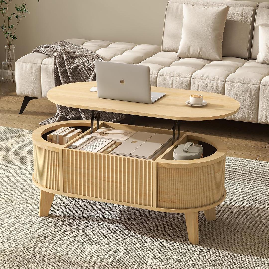LYNCOHOME Fluted Lift Top Coffee Table with Storage,Modern Oval Coffee Table for Living Room Or Home OfficeNatural, 18.9"D X 38.58"W X 17"H