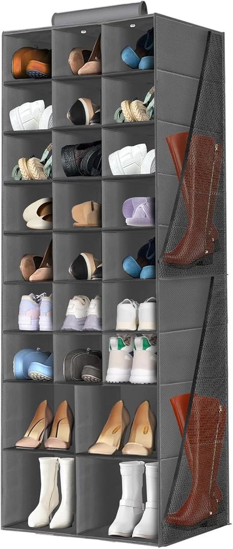 Hanging Shoe Organizer for Closet, Closet Hanging Shoe Storage Rack Holder Shelves,Collapsible Shoe Closet Organizers and Storage with 4 Large Side Pockets,25 Sections for Shoes,Hats,Clothes(Gray) (1-Pack, Grey)