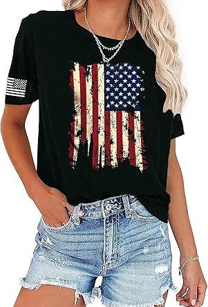 American Flag Patriotic T-Shirt for Women 4th of July Shirts Graphic Tees USA Flag Short Sleeve Shirt Tops Size M