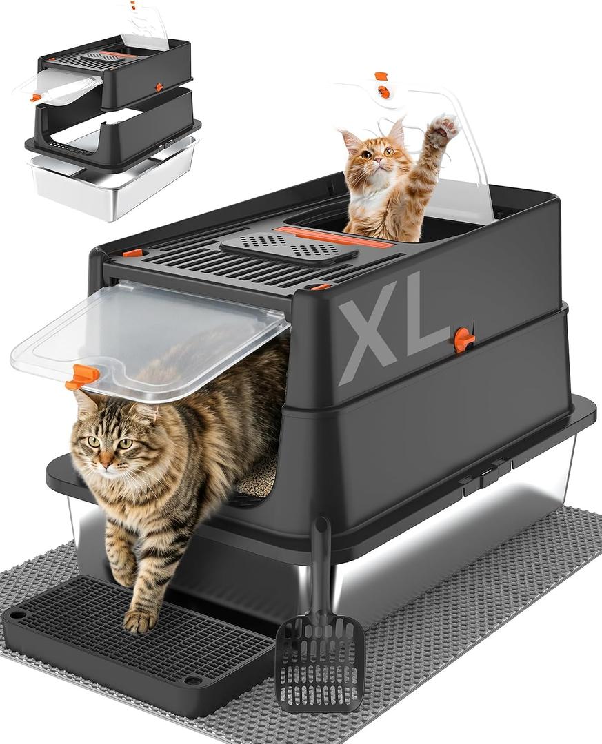 Stainless Steel Litter Box with Flip Lid, XL Extra Large Cat Litter Box with High Sided Top Entry Design, Anti-Leakage Enclosed Metal Litterbox for Big Cats, with Handle, Mat, Pedal & Scoop, Black