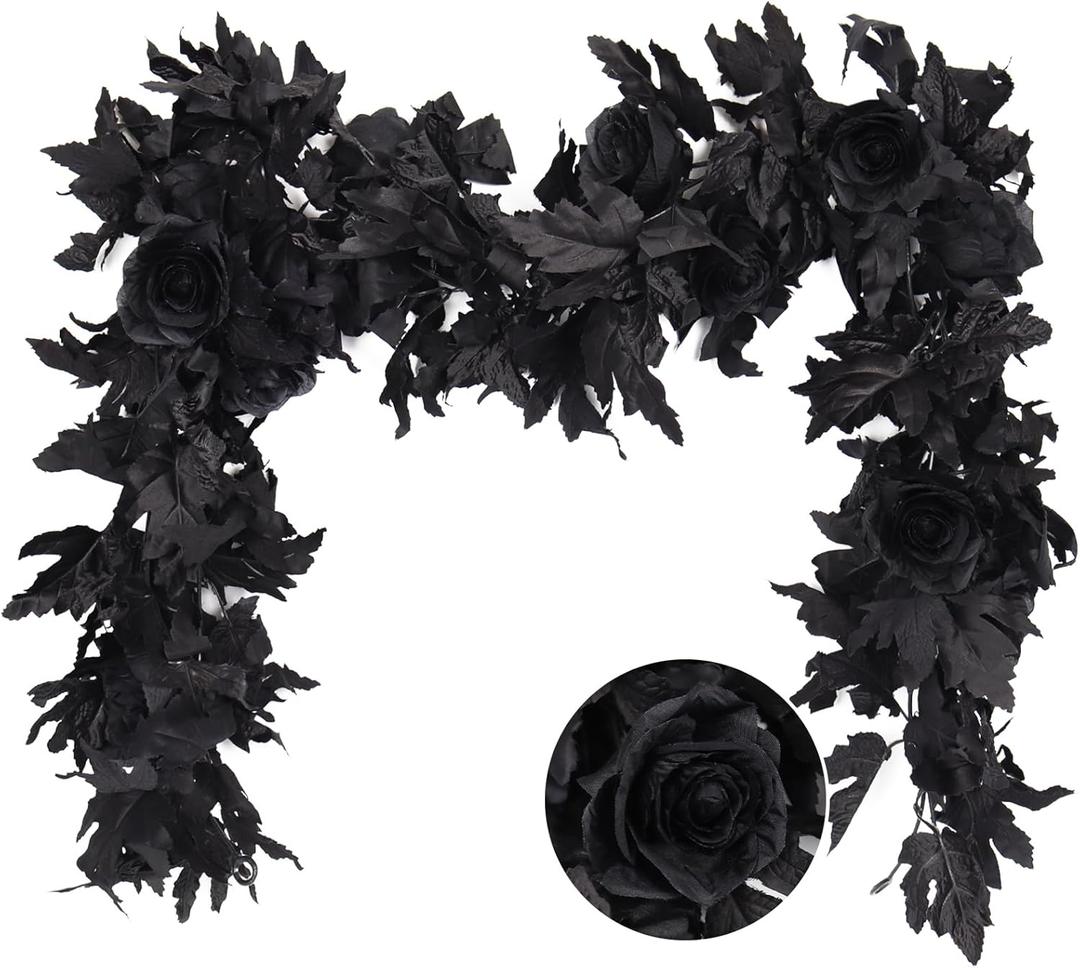 RECUTMS 2Pcs Black Artificial Rose Flower Garland 5.7Ft Halloween Fake Hanging Rose Vines Fall Black Maple Leaf Garland with Flowers for Autumn Thanksgiving Indoor Outdoor Home Fireplace Gothic Decor