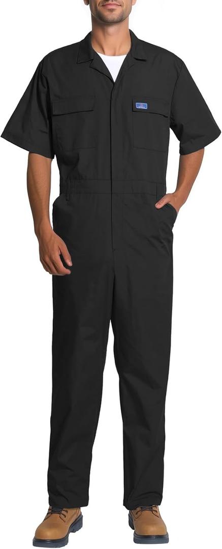 HISEA Coveralls for Men Short Sleeve, Men's Lightweight Mechanic Work Jumpsuit with Pockets, Stain & Wrinkle Resistant, Black, Large