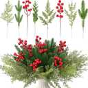 70 PCS Artificial Pine Branches with Berries, Christmas Greenery Fake Pine Needle Faux Red Berry Stems, Christmas Floral Picks for DIY Crafts Wreath Garland Home Dcor
