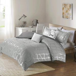 Intelligent Design Raina Full/Queen Comforter Set, Soft Microfiber, Modern Geometric Metallic Bed Set, 5 Pieces College Bedding with 2 Shams, 2 Toss Pillows Grey/Silver