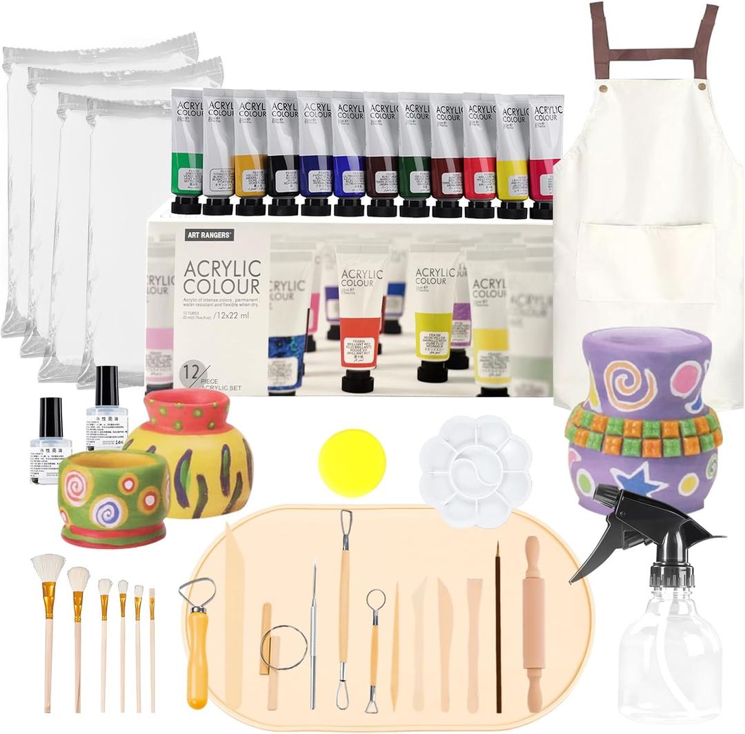 Air Dry Clay Pottery Kit for Adults Beginner at Home,Pottery Clay Sculpting Tools 40 Pcs,Double Sided Ceramic Clay Carving Tool Set,Clay Starter Kitwith Apron, Brush, Paint and Spray Bottle, Molding