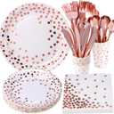175PCS Rose Gold Party Supplies,Rose Gold Dot on White Paper Plates Napkins and Cups,Disposable Dinnerware Sets, Plastic Forks Spoons and Knives Set Serve 25 for Wedding Birthday Party Decorations