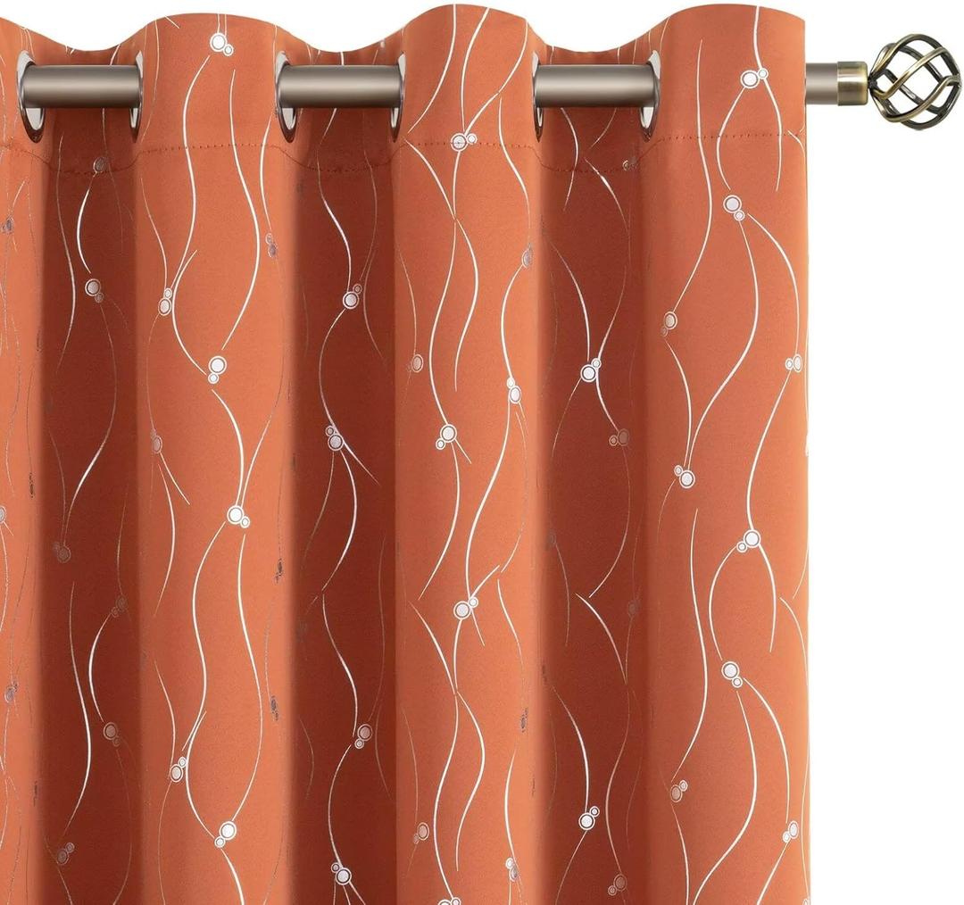 BGment Terracotta Blackout Curtains 84 Inch Length 2 Panels Set, Grommet Thermal Insulated Blackout Curtains with Wave Line and Dots Printed for Bedroom, 2 Panels, Each Panel 52 x 84 Inch