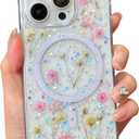 Cute Real Flowers for iPhone 16 Pro Case [Compatible with MagSafe] Glitter Magnetic Cover with Pressed Dried Floral Phone Case for Girly and Women - Clear Sparkly