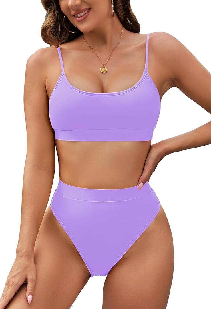 Pink Queen Plus Size High Waisted Bikini Set for Women Two Piece Cheeky High Cut Swimsuit Bathing Suit White M (01 - Light Purple)