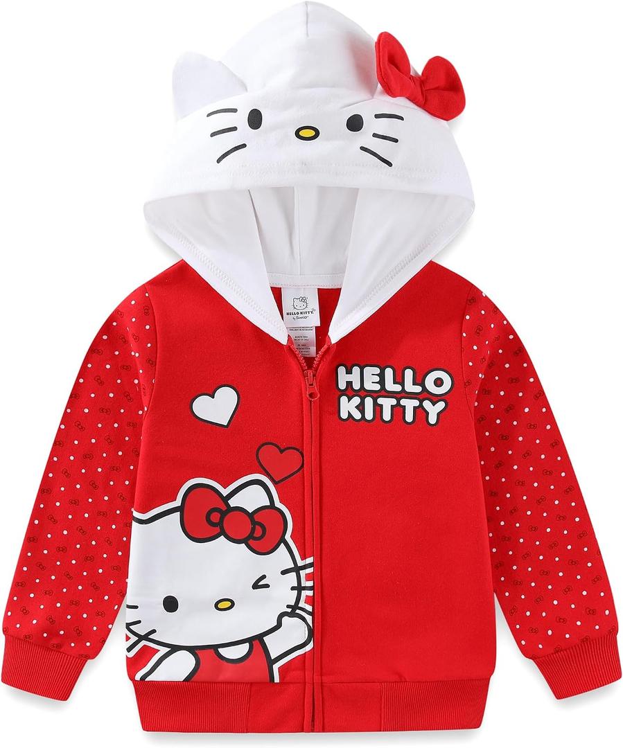 Hello Kitty Sanrio Girls Fleece Zip Up Hoodie with Ears for Big Kids (Red)