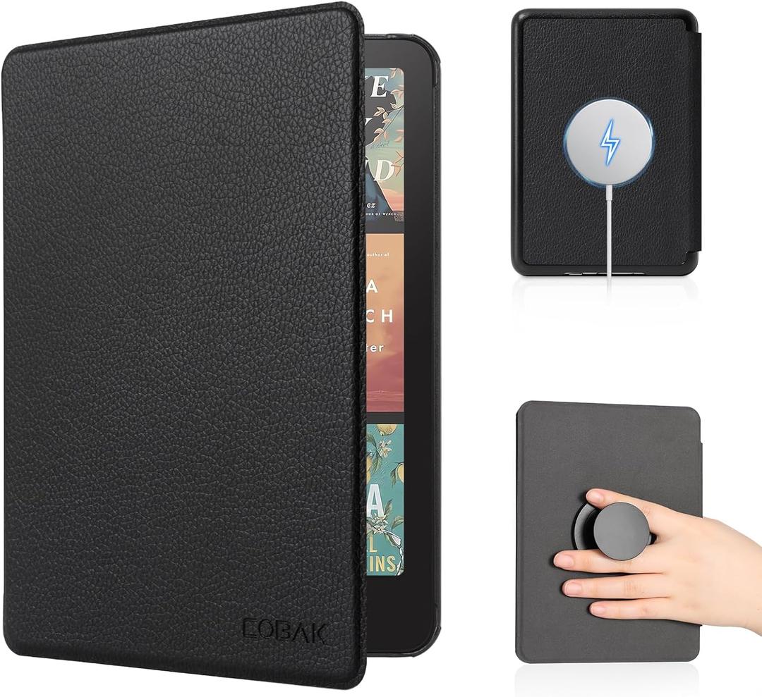 CoBak Case with Fold-Back Magnetic Cover for 7" Kindle Paperwhite 12th Gen 2024 and Kindle Colorsoft - for PopSockets Grip, Compatible with iPhone MagSafe and Anker Wireless Charging Pads, Auto Wake (Lychee Black)