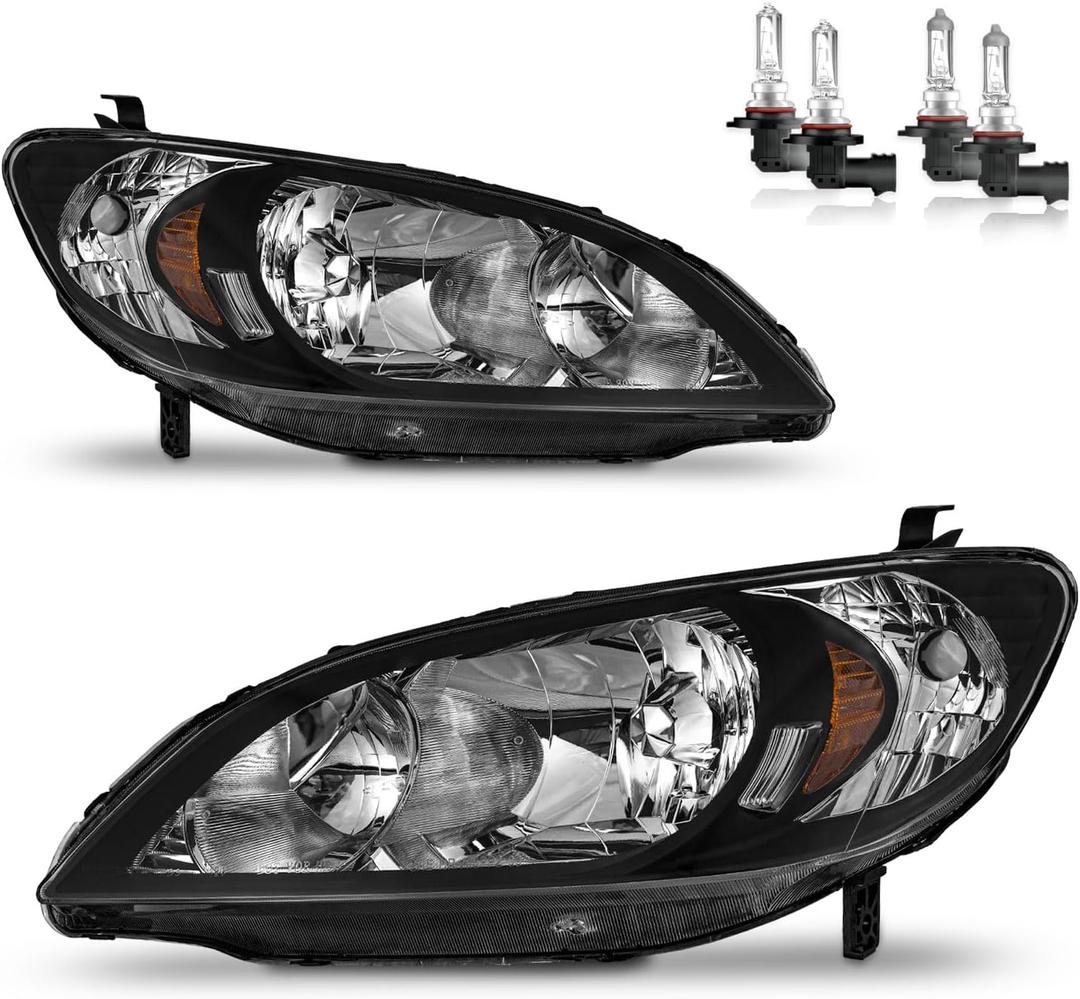 Headlights Assembly for 2004-2005 Honda Civic 2/4Door Headlamp Replacement Black Housing Amber Reflector Driver & Passenger Side