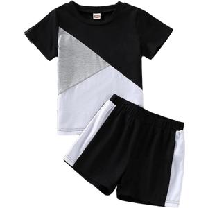 Toddler Baby Boys Color Block Outfits - Cute Long Shorts Tee Casual Sweatshirt Contrast Pants Summer Clothes Set