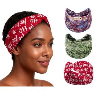 XEF Headbands for Women Bohemian Wide Floral Thick Hair Band No Slip Gym Elastic Twist Knot Athletic Headband Sweatbands Fashion Hair Accessories for Teen Girls 3 Pcs