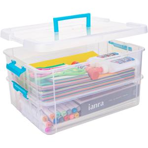 2 Layer Plastic Storage Containers with Lids, Multipurpose Clear Stack & Carry Box, Portable Craft Organizers and Storage Bin for Organizing Art & Craft, Sewing, Makeup, Nail Supplies (Blue)