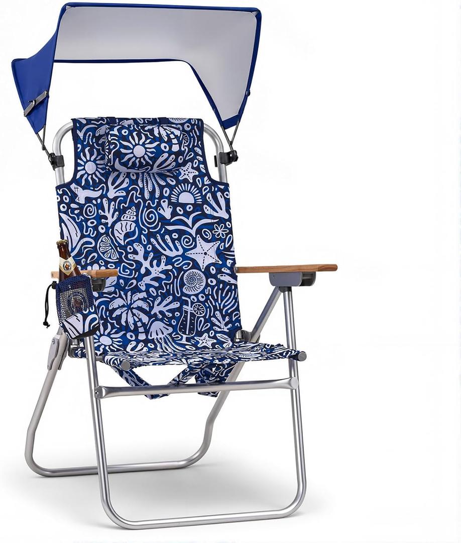 17" Tall Beach Chair with Canopy Shade,Support to 350LBS, Blue Ocean | Adjustable High-Back Heavy Duty Beach Chair with Sun Shade Folding Backpack Beach Chair with Cup Holder and Storage Bag