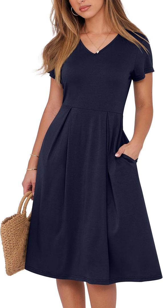 ANRABESS Women Summer Dress Casual Short Sleeve V Neck A-Line Knee Length Pleated Flowy 2026 Fashion Midi Dresses with Pocket (Medium)