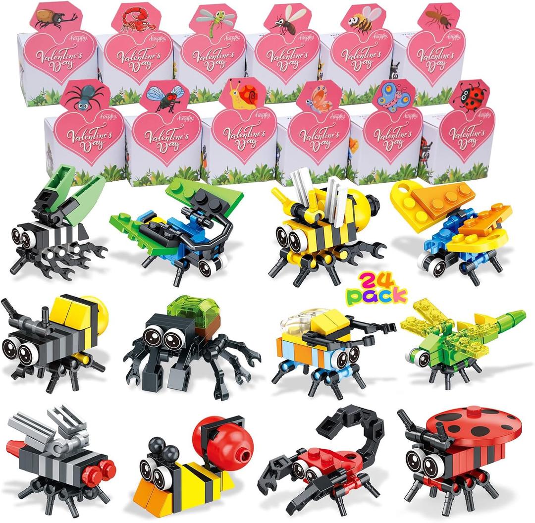 Valentines Day Gifts for Kids Classroom: 24 Packs Valentines Cards Gift Box with Insect Building Block Toy for Class Gifts Exchange, Classroom Prizes, School Party Favors, Boys Girls Ages 4+