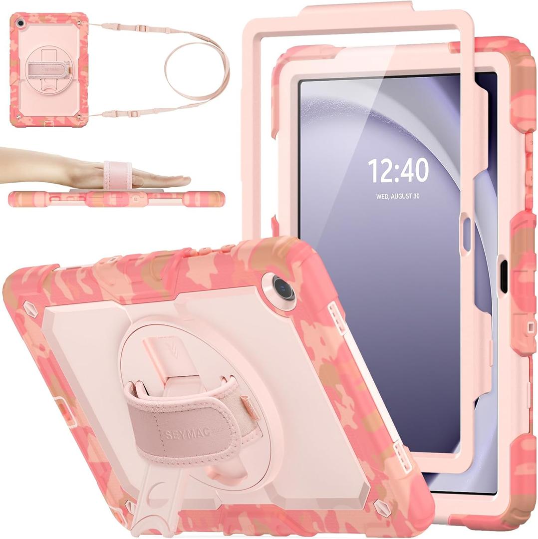SEYMAC stock Case for Samsung Galaxy Tab A9+ Plus 11'', Full-Body Drop Protection Case with Screen Protector Pencil Holder [360 Rotating Hand Strap] &Stand, Pink Camo