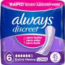 Always Discreet Adult Incontinence Pads for Women, Extra Heavy Absorbency, Long Length, Postpartum Pads, 45 Count (Packaging May Vary) (6-drop)