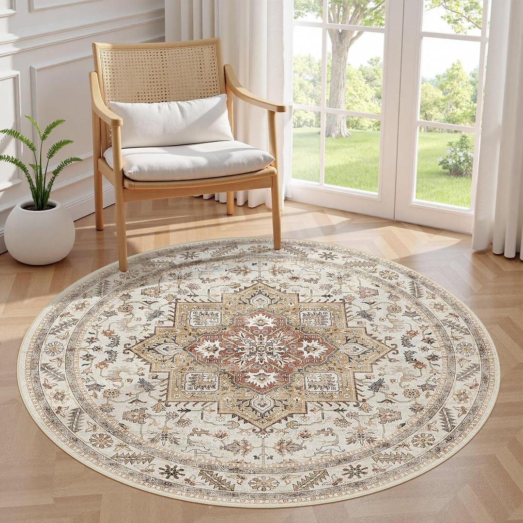 5ft Round Vintage Living Room Area Rug - 5x5 Large Soft Washable Oriental Traditional Distressed Farmhouse Rugs for Bedroom - Indoor Floor Accent Carpet for Home Office House Decor - Golden Taupe