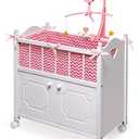 Badger Basket Wooden Doll Bed with Storage Cabinet, Bedding, Mobile, and Wheels - Fits 18 to 22-Inch Dolls, White with Pink/Chevron Bedding for Pretend Play