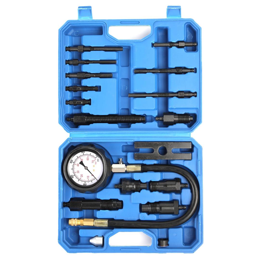 17pc Diesel Engine Compression Tester Kit, Diesel Compression Tester Cylinder Pressure Gauge for Diesel Cars and Trucks(Blue)