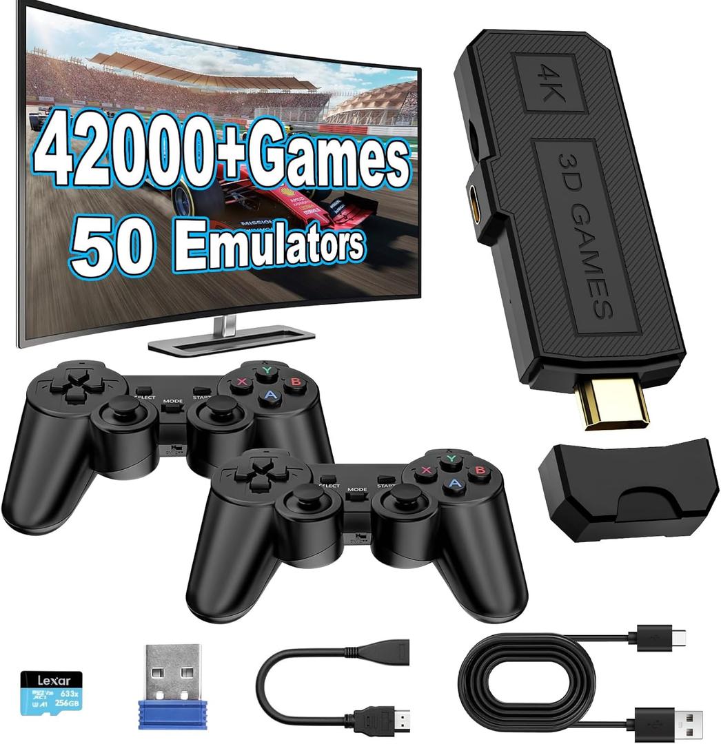 2025 Latest Wireless Retro Game Stick,Arcade Pandora Stick,Built in 42,000+ Games with 50+ Emulators,4K HDMI Output,Plug and Play TV Video Game Stick,256GB Memory Card,with Dual 2.4G Controllers