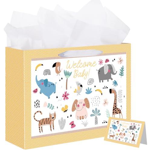 woric 14.5" Baby Gift Bag for Baby Shower with Tissue Paper and Greeting Cards for Boys Girls Birthday Party(Cute Animals)