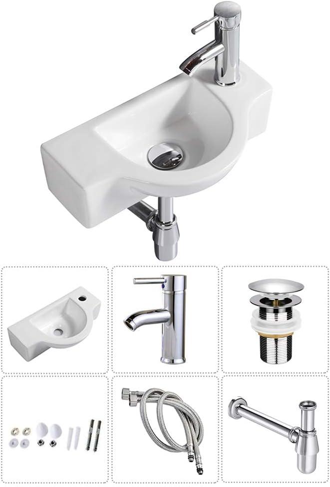 Ceramic Bathroom Sink Combo - White Small Wall Mount Corner Sink Set with Chrome Pop-up Drain