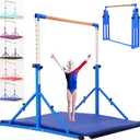 Marfual 5 Ft Fold Gymnastic Bar Kip Bar with 4 Ft Inner Width 5 ft Adjust Height Gymnastic Equipment for Kids and Girl and Teenage Home and Club Use Blue with Mat