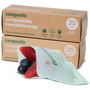 Compostic Compostable Snack Bags, Snack Size (60 Count) Starter Pack Resealable Zip-Seal, Plant-Based, Home Compostable, Freezer Safe, BPA-Free, Non-Toxic, GMO-Free Food Storage Bags