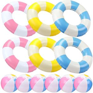 12 Pcs Pool Floats Included 6 Pastel Inflatable Beach Balls and 6 Swimming Rings for Adults, Macaron Beach Balls Striped Tubes for Summer Pool Supplies