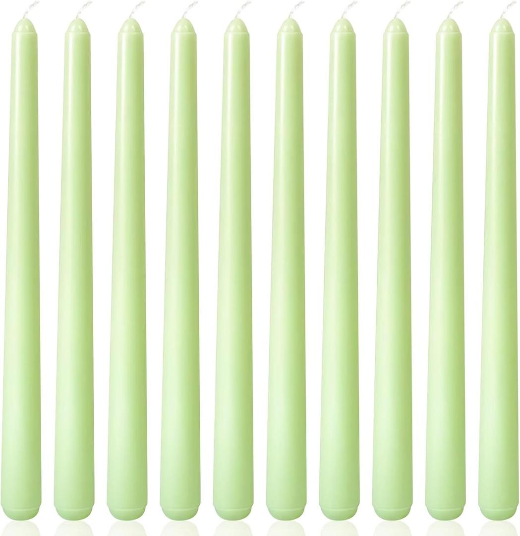10 Inch Light-Green Taper Candles for Home Decoration, 10 Pack Unscented Candlesticks for Spring Dinner Wedding Christmas Party, Smokeless and Dripless Candle Sticks