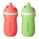 Tommee Tippee Insulated 9oz Sporty Spout Toddler Water Bottle, No Spill, Sippy Cups for Toddlers 1-3, Two-Piece Valve Helps Stop Spills, Green & Red, BPA Free, Pack of 2