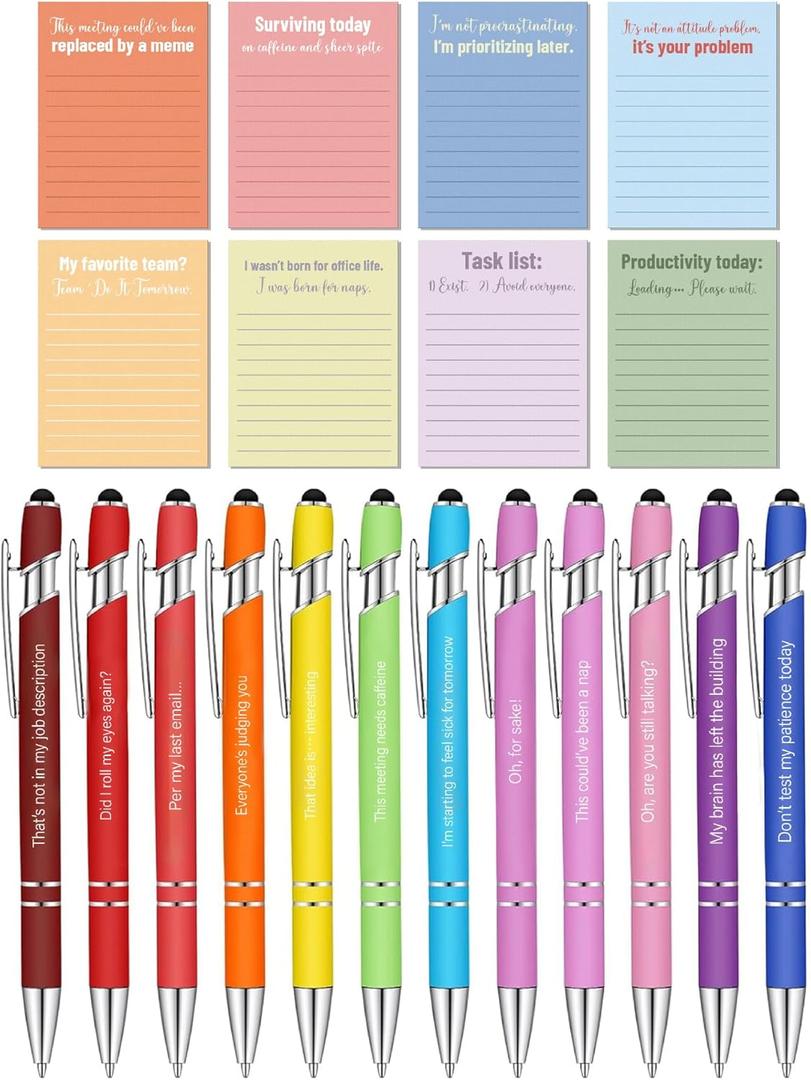 Mr. Pen- Sarcastic Sticky Notes and Funny Stylus Pens, 20 Pack, 3" x 4" Sticky Notes, 8 Pads, 240 Sheets, 12 Black Ink Funny Pens with Stylus Tips for Reminders, List-Making & Task Prioritizing