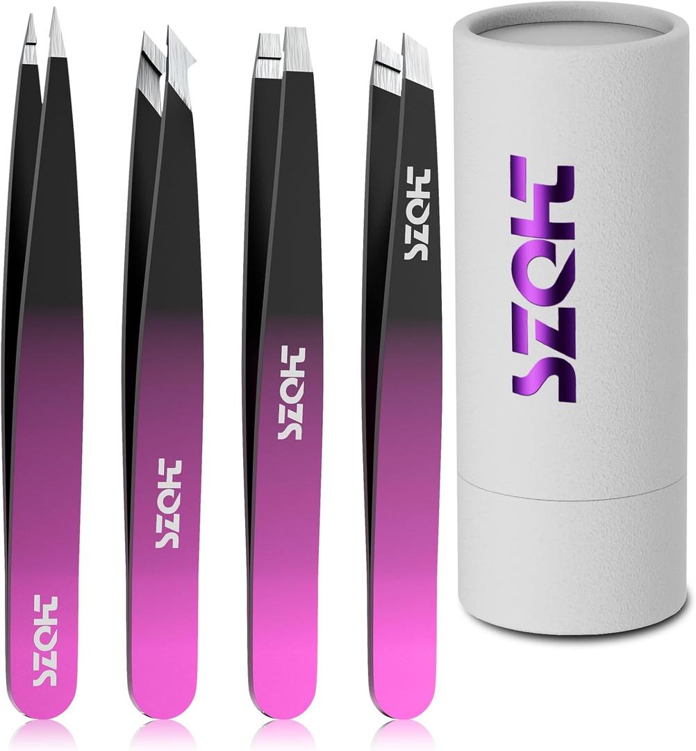 Professional Tweezers Set for Eyebrows  4PC Precision Stainless Steel Tweezers Kit with Slant, Pointed & Flat Tips  Eyebrow Hair Removal Tool for Women & Men  Eco-Friendly Paper Tube Packaging (Black-red)