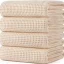 POLYTE Microfiber Oversize Quick Dry Lint Free Bath Towel, 60 x 30 in, 4 Pack (Light Beige, Waffle Weave)