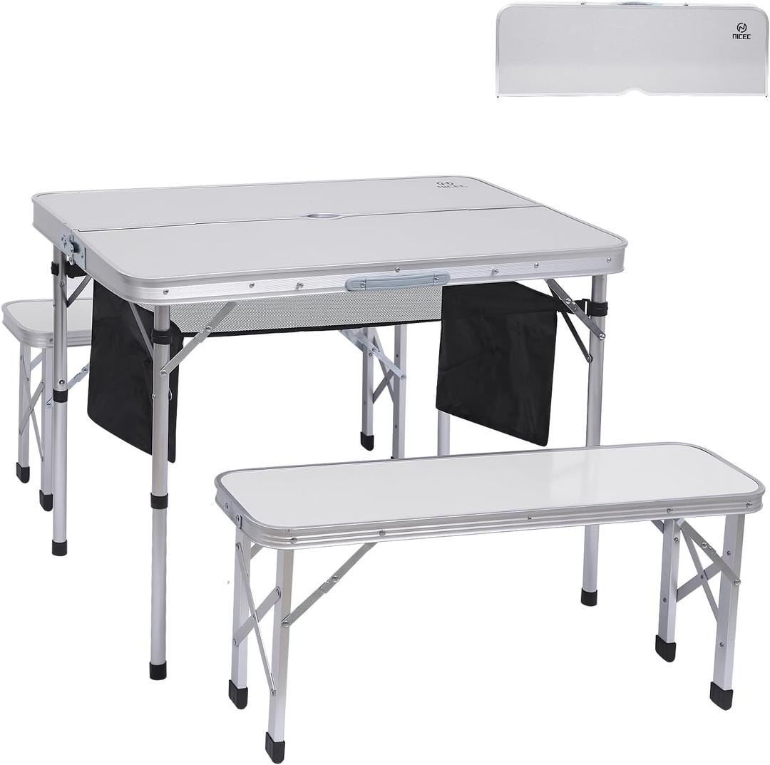 Nice C Folding Picnic Table, Portable Picnic Table, Folding Table with Bench, Outdoor Table and Chairs, Hole for Umbrella, Mesh net Storage, Backyard, Party, Outdoor, Lawn (White)