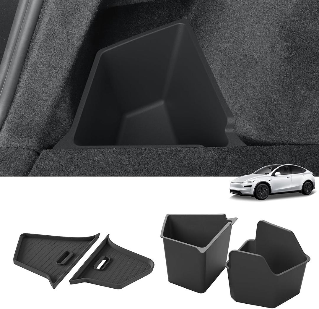 LUCKEASY Rear Trunk Storage Bins Fit for Tesla Model Y Juniper 2025 2026 Standard & Premium & Performance Trunk Side Storage Box with Lids Rear Cargo Garbage Bins Accessories Black TPE