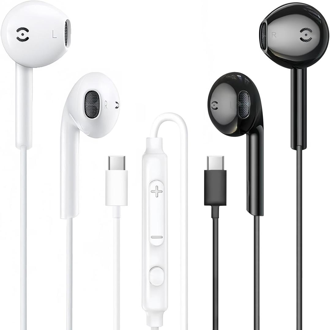 MAS CARNEY USB C Earbuds Wired TH9,Type-C Headphone with Mic,USBC Earphones Compatible with iPhone 15 16 iPad, Samsung Galaxy S25 S24 A53,Google Pixel,Xiaomi Redmi,Huawei Honor,Oppo,Vivo,Pack of 2