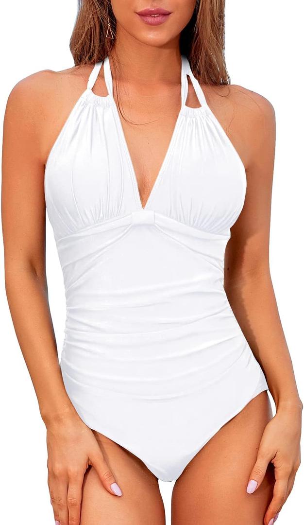 Tempt Me Women One Piece Swimsuits Tummy Control Halter Bathing Suits Sexy Ruched Slimming Swimwear (White)