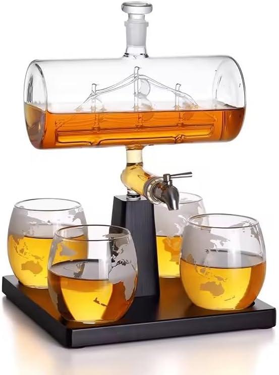 Boat Whiskey Decanter Set with 4 Glasses  1100ml Elegant Ship-in-Bottle Design on Wooden Base  Premium Glass & Wood, 310ml Glasses  Luxury Gift for Whiskey Lovers, Office or bar