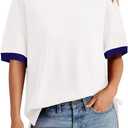 BTFBM Womens Oversized T Shirts Dressy Casual Short Sleeve Summer Tops Crew Neck Color Block Blouse Loose Fit Basic Tee (White, L)