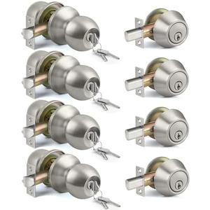 BESTTEN 4 Pack All Keyed Same Exterior Door Knob with Key Lock and Deadbolt, for Entrance and Front Door, Satin Nickel