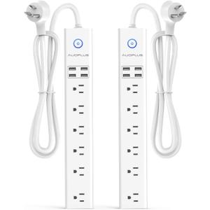 2 Pack Power Strip Surge Protector Flat Plug - 6 Widely Spaced Outlets 4 USB Charging Ports, 2100J/10A with 6Ft Long Extension Cord, Overload Surge Protection, Wall Mount for Home Office (White)