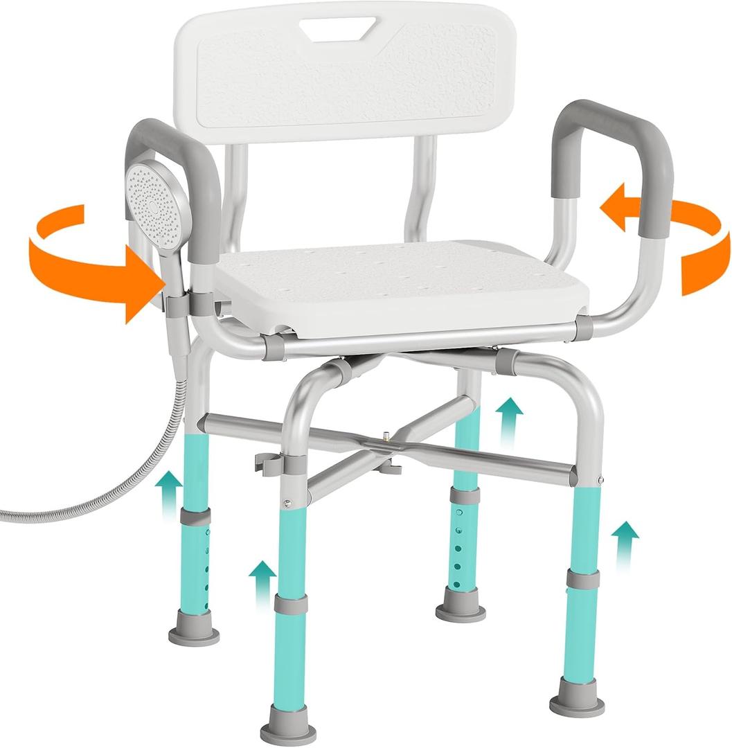 PETKABOO Swivel Shower Chair with Armrests and Back, 550 lbs Heavy-Duty Shower Seat for Showers and Bathtubs, 5- Height-Adjustable Adult Shower Chair, Elderly Bathtub Chair